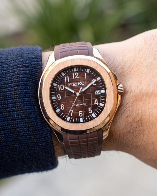 Rosegold Choco Seiknaut on the wrist