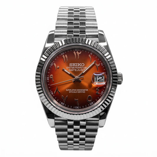 Arabic Sunset, steel with burnt orange Arabic dial