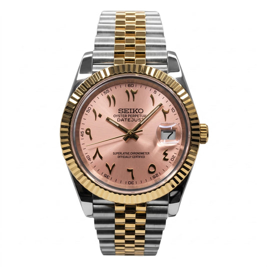 Salmon Arabic Dial, two tone steel and gold with salmon Arabic dial