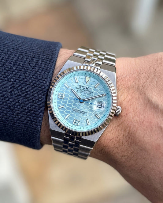 Ice Blue Land-Dweller on the wrist