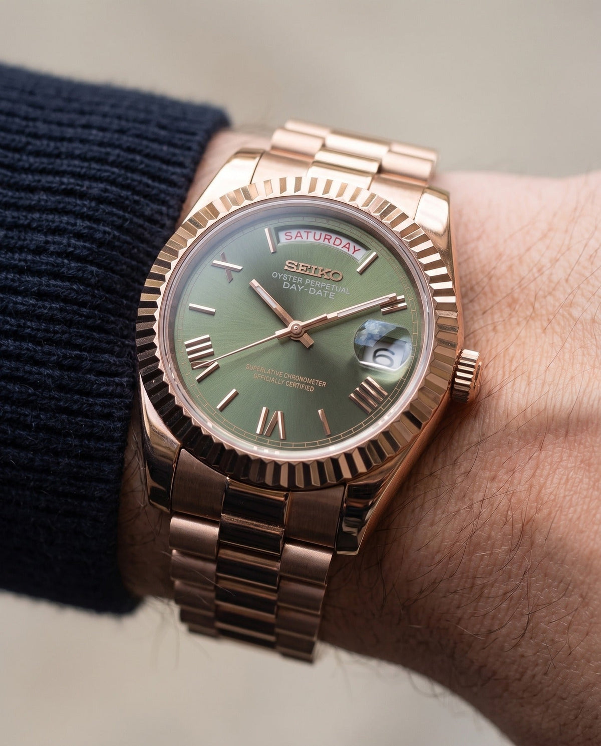 Rosegold Olive Dial Day-Date on the wrist