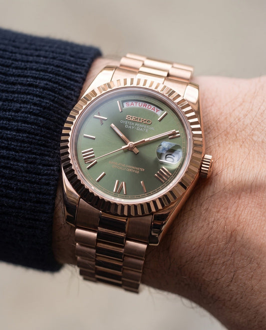 Rosegold Olive Dial Day-Date on the wrist