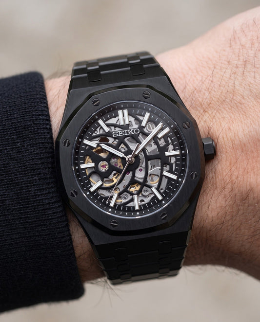 Stealth Skeleton Seikoak on the wrist